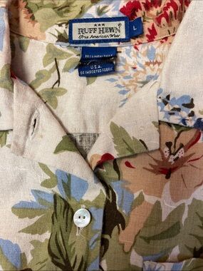 Ruff Hewn Beige Floral Button-Down Shirt with Green, Blue and Red Accents